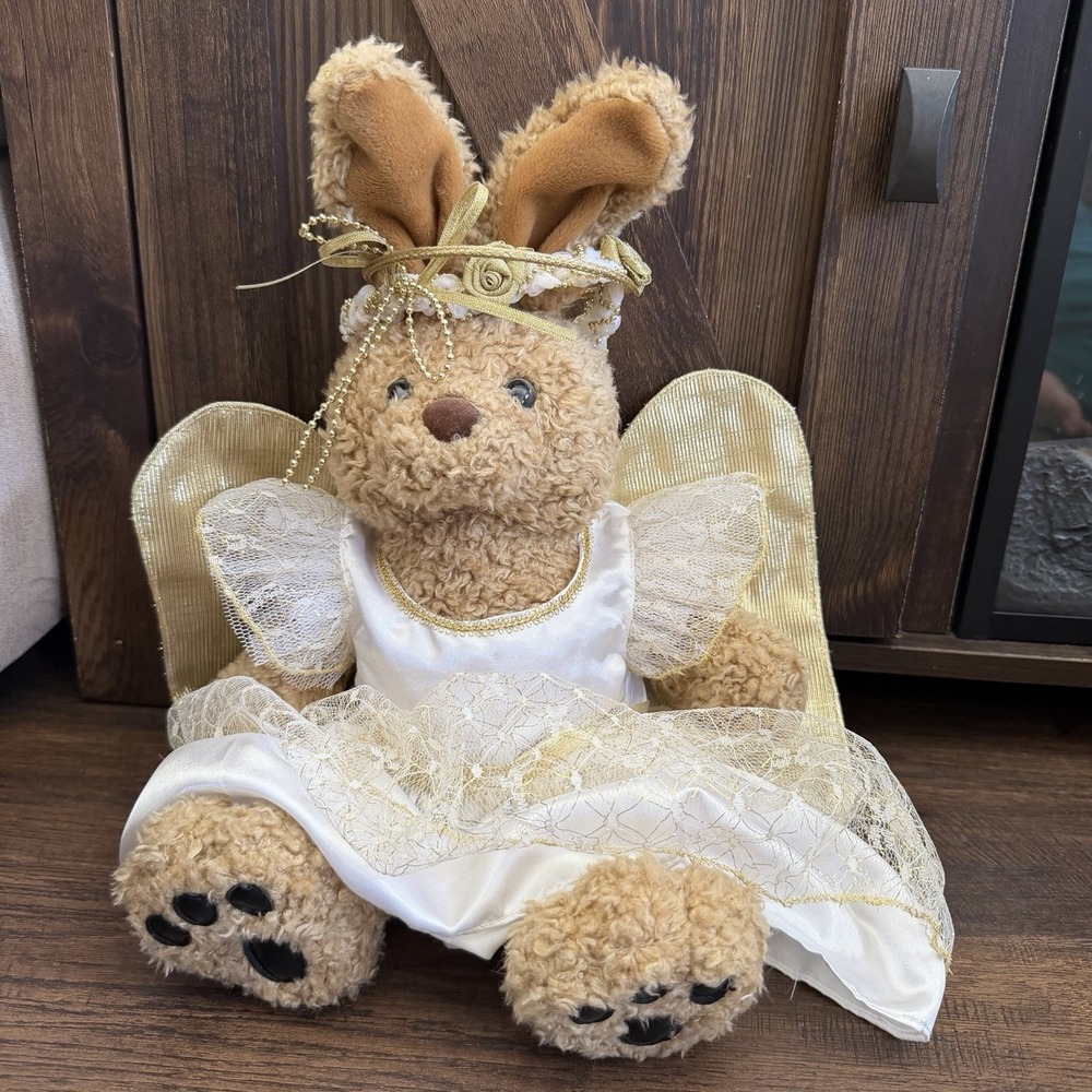 VTG Build-A-Bear Plush Tan Curly Bunny Rabbit Angel Wings Halo Stuffed Animal